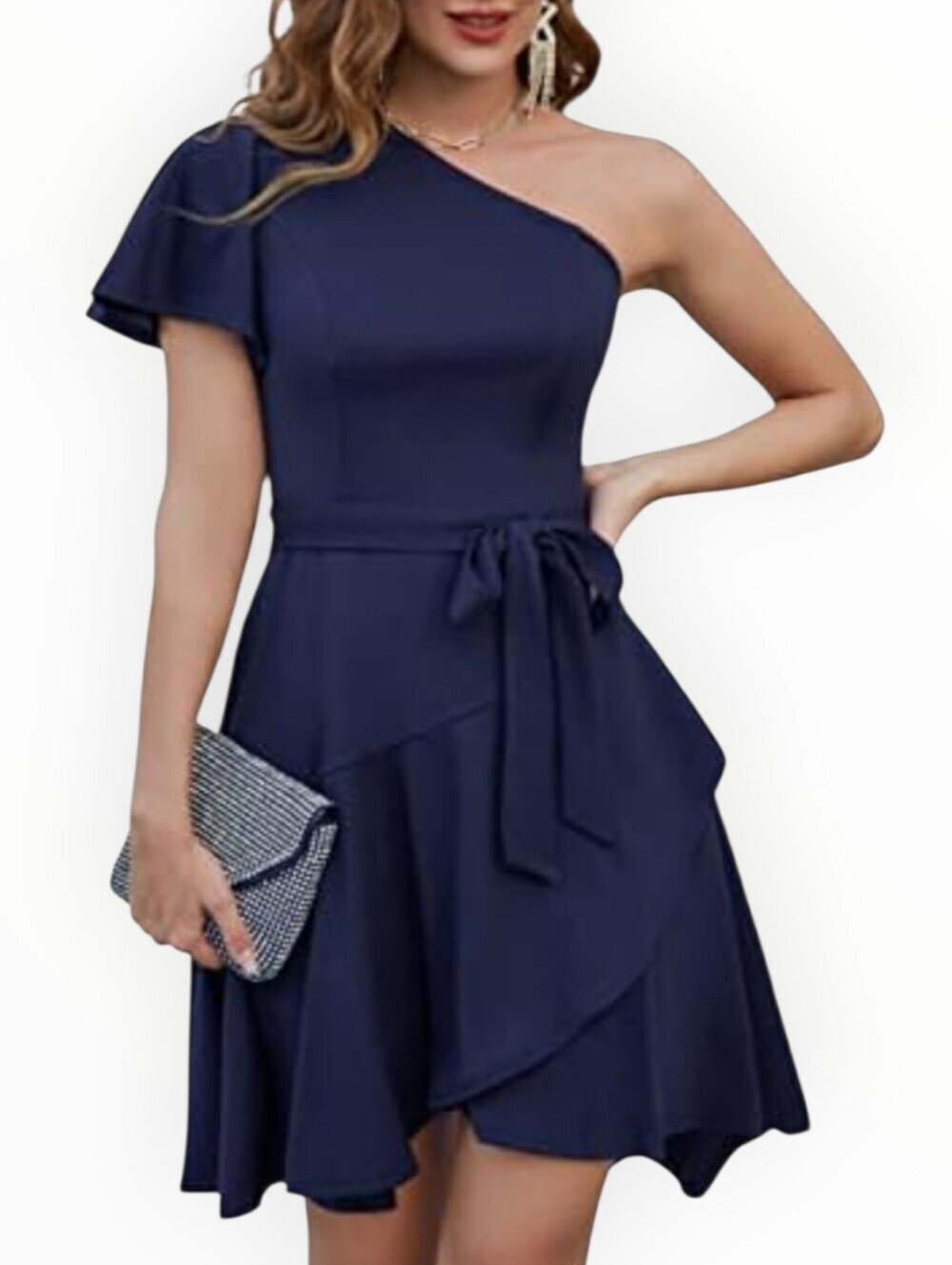 Grace Karin small NWT One-Shoulder Navy Dress with Waist Tie
